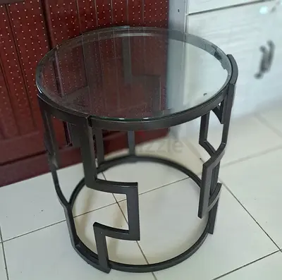 Round Glass Top Side Table with Geometric Metal Base