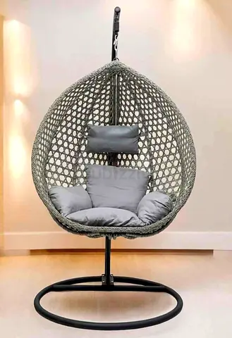 Luxury Heavy Duty Grey Woven Egg Hanging Chair with Stand and Cushions