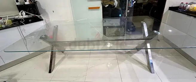 Large Modern Glass Dining Table with Stainless Steel Base