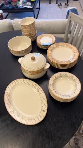 Vintage 28-piece ceramic dinnerware set - beige patterned plates, bowls, serving dishes branded
