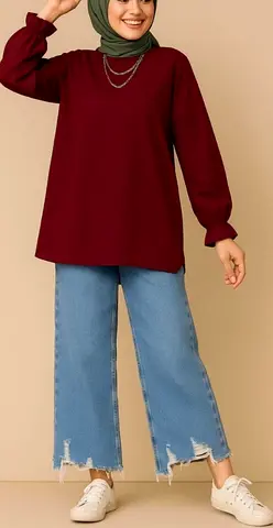 Maroon Long Sleeve Modest Tunic Top - Size Medium