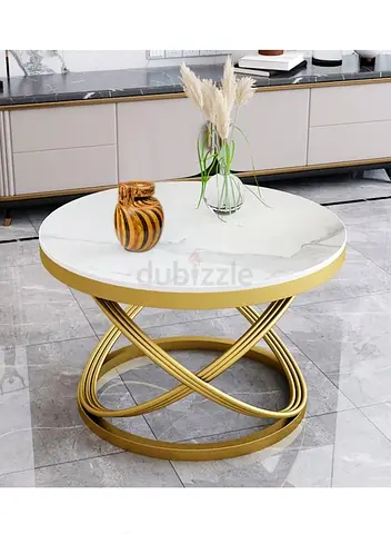Round Gold Metal Coffee Table with Marble Top