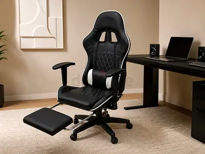 Black ergonomic racing-style office/gaming chair with footrest
