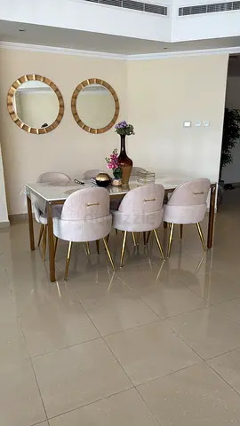 Marble Top Dining Table with 6 Upholstered Velvet Chairs - beige Gold