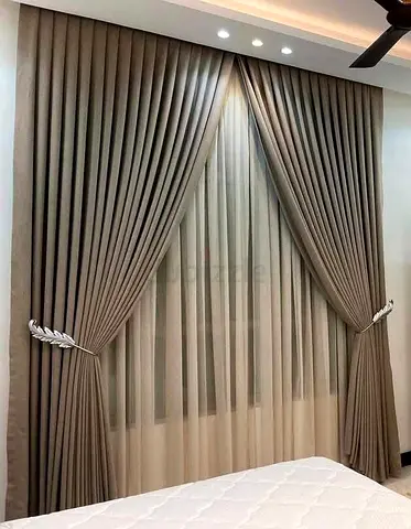 Pair of Full-Length Beige Fabric Curtains with Sheer Liner — Ready to Install
