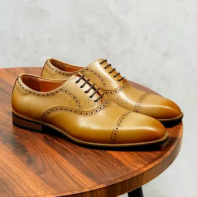 Mens Tan Leather Oxford Brogue Dress Shoes savilerowco Original