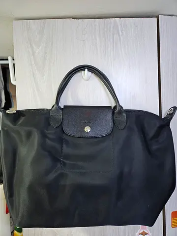 Black Longchamp-style Nylon Tote Bag with Leather Trim - Medium