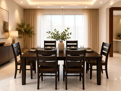 Solid Wood 6 Seater Dining Table with Chairs - Dark Finish