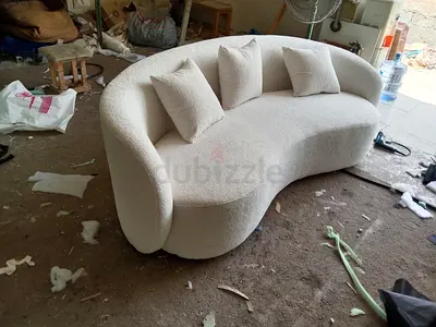 Curved Bouclé 3-Seater Sofa with Cushions - Cream