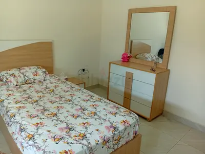 Single bedroom set - bed without mattress, bedside table and dresser with mirror (light wood)