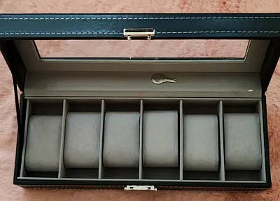 Leather 6-Slot Watch Storage Box with Glass Top and Key