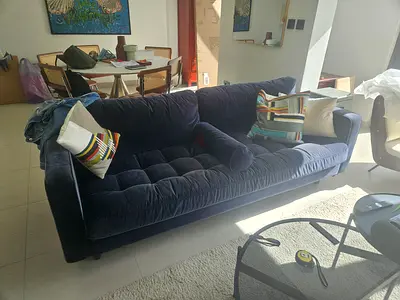 West Elm Mid Century Navy Velvet 3-Seater Sofa in Good Condition