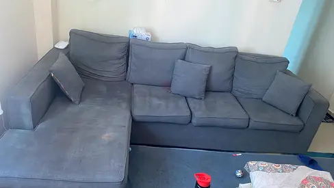 3-seater L-shaped Grey Fabric Sofa with Chaise — Good Used Condition