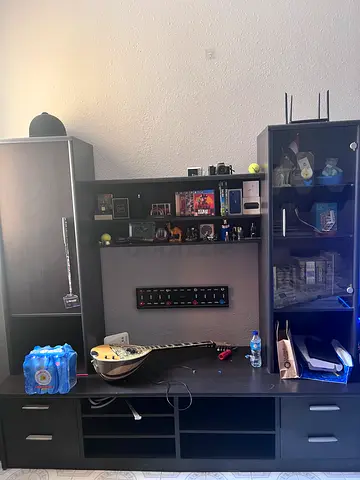 Dark Wood Entertainment Center / TV Unit with Shelves and Drawers