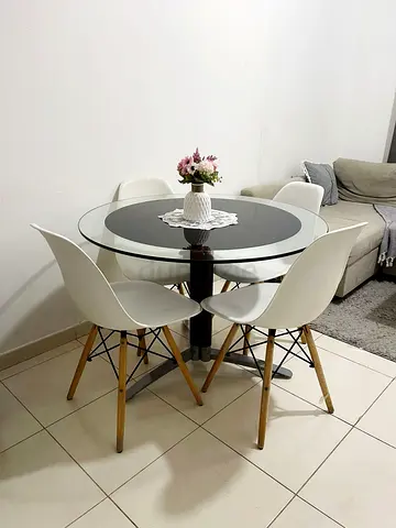 Glass Top Round Dining Table with 4 White Chairs - Modern Set