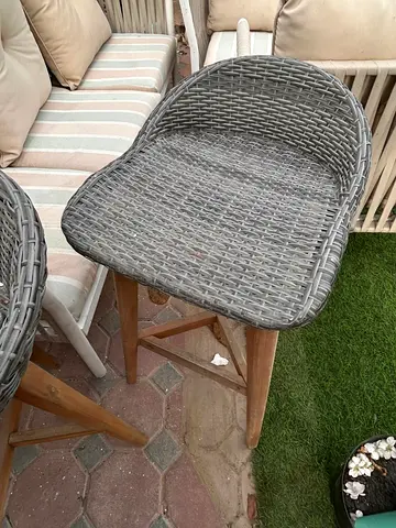 Set of 2 Outdoor Wicker Bar Stools with Wooden Legs - Light Grey