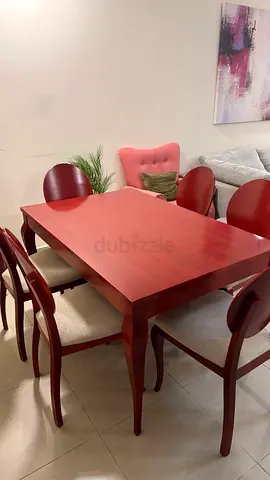 Solid Wood 6-Seater Dining Table with Chairs - Mahogany Finish