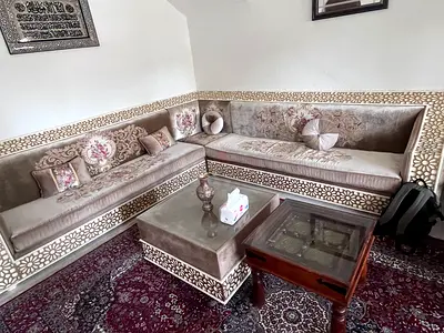 Corner Majlis Sofa Set with Inlaid Detailing and Cushions
