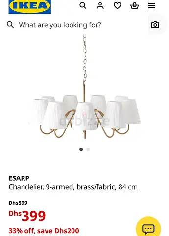 IKEA ESARP 9-arm Brass Chandelier with White Fabric Lampshades (84 cm)