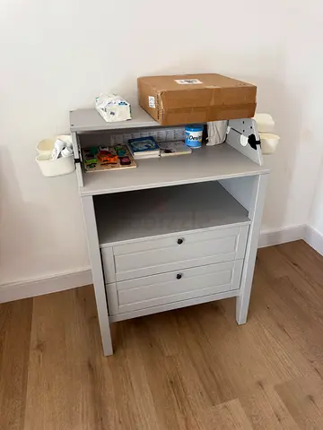 White wooden bedside table with drawer and shelf - good condition