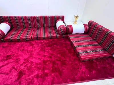 Traditional Majlis Seating Set with Red Plush Carpet