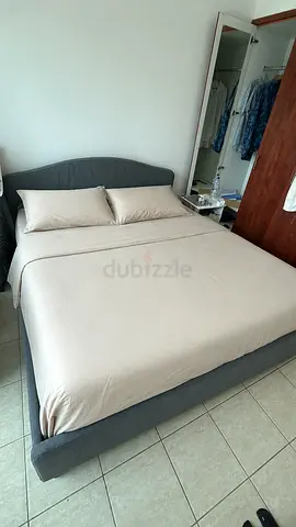 King upholstered bed frame with mattress - good condition