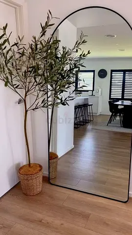 Large Full-Length Arched Floor Mirror with Black Frame