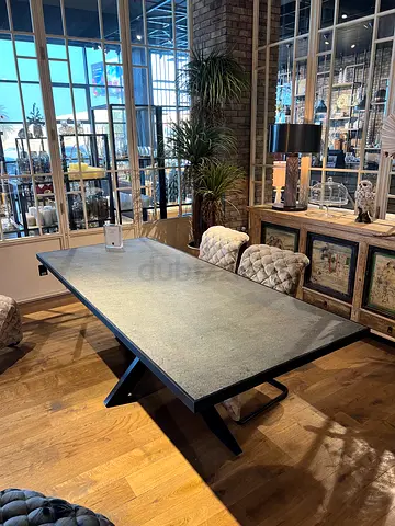 Large Industrial Style Dining Table with Metal Top and X-Leg Base Marina Home