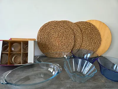 Glass Bakeware Set with Placemats and Wooden Board - Good Condition