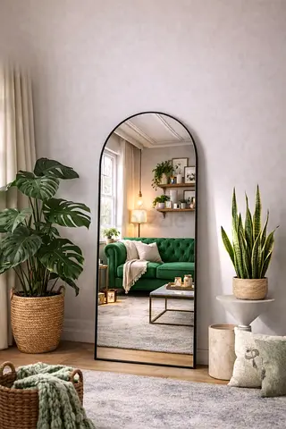 Full-Length Arched Floor Mirror with Black Frame