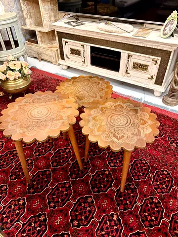 Set of 3 Carved Wooden Nesting Tables - Floral Pattern