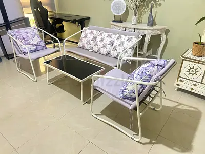 White Metal Frame Sofa Set with Glass Coffee Table — 3-Piece Lounge Set