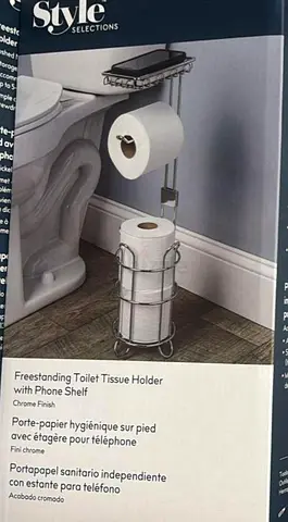 Chrome freestanding toilet tissue holder with phone shelf