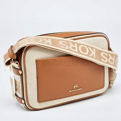 Authentic Michael Kors Beige/Tan Canvas And Leather Maeve Crossbody Bag