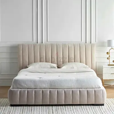 Upholstered King Bed Frame with Padded Headboard - Beige