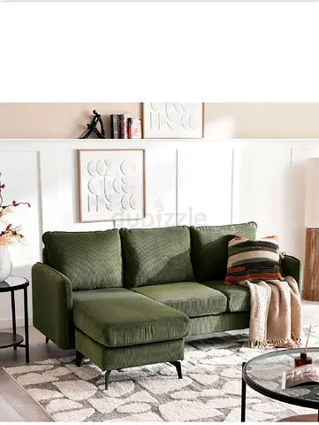 Green L-shaped 3-seater Sofa with Chaise - Modern Corduroy Finish