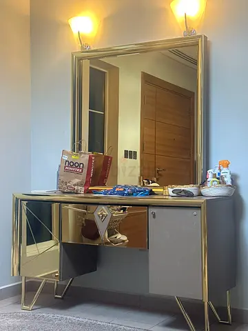 Gold Framed Rectangular Vanity Table with Mirror - Good Condition