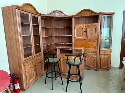 Large Wooden Corner Entertainment Unit with Bar Counter and 2 Stools