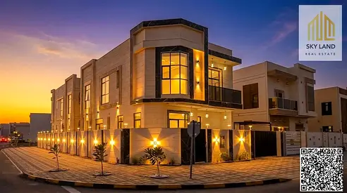 A distinctive villa for sale on a corner lot with two street frontages, opposite a park in Al Zahiyah, Ajman. 5 master bedrooms.