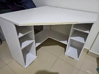 White Corner Computer Desk with Open Shelves