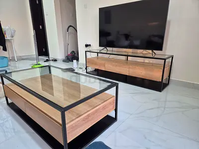 Modern Industrial Glass-Top Coffee Table and TV Unit Set - Wood  Black Metal