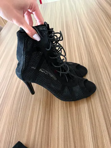 Black suede  mesh lace-up peep-toe heels, with knee protectors. Ideal for high-heel dance