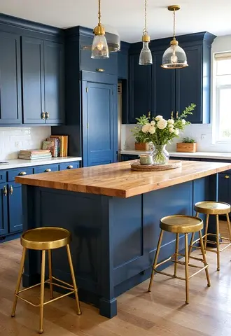 Solid Wood Kitchen Island with Bar Stools (Set) - Blue Finish