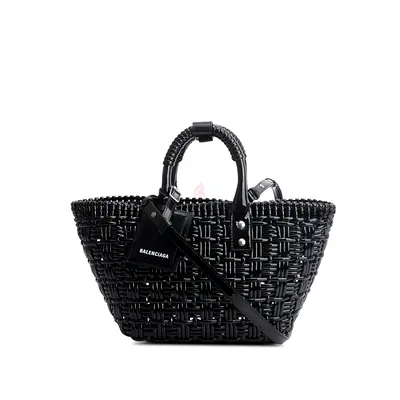 Authentic Balenciaga Black Varnished Faux Calfskin Braided XS Bistro Basket