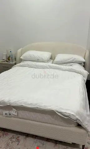 Upholstered Double Bed with Headboard – Cream, Good Condition