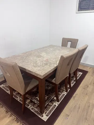 4-Seater Marble Top Dining Table with Upholstered Chairs and 1 big stool