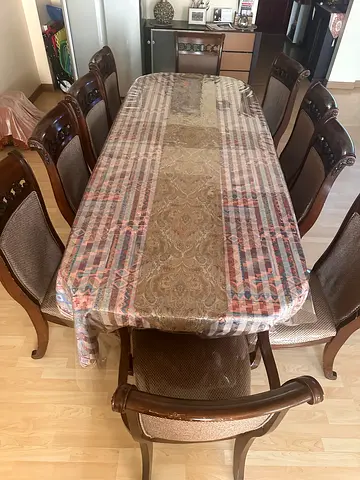 Solid Wood Dining Table with 10 Upholstered Chairs - Classic Design