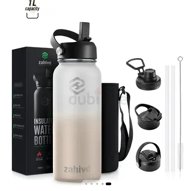 1L Insulated Stainless Steel Water Bottle with Multiple Lids  Carry Strap - Zahive