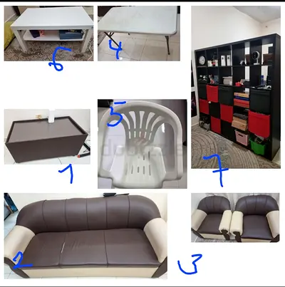 Living Room Furniture Set — Sofa, Armchairs, Storage Unit, Coffee  Side Tables, Plastic Chair