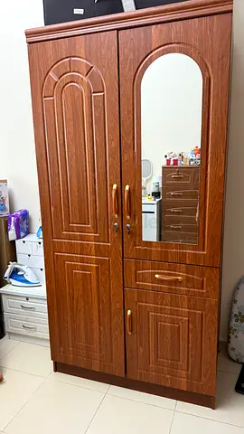 Wood Finish 2-Door Wardrobe with Mirror - Good Condition